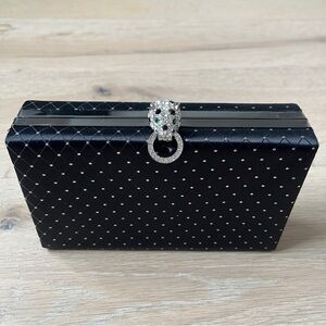 EUC KENNETH JAY LANE BLACK SATIN CLUTCH BAG RHINESTONE LEOPARD KISSLOCK CLASP